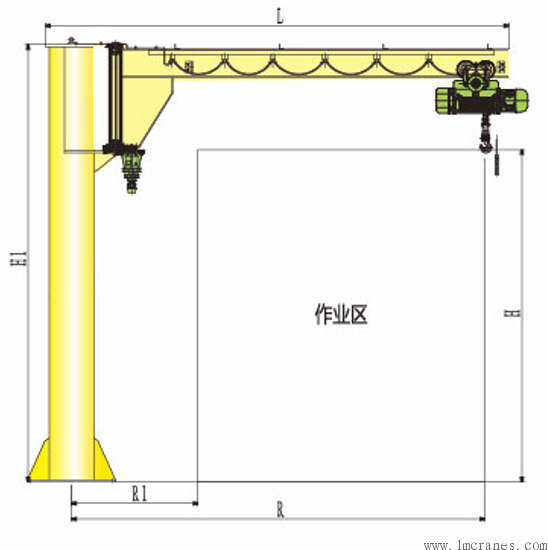 龙马起重悬臂吊外形尺寸图，结构示意图