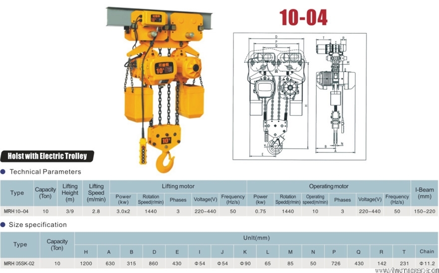 10吨运行式环链电动葫芦带运行小车技术参数
